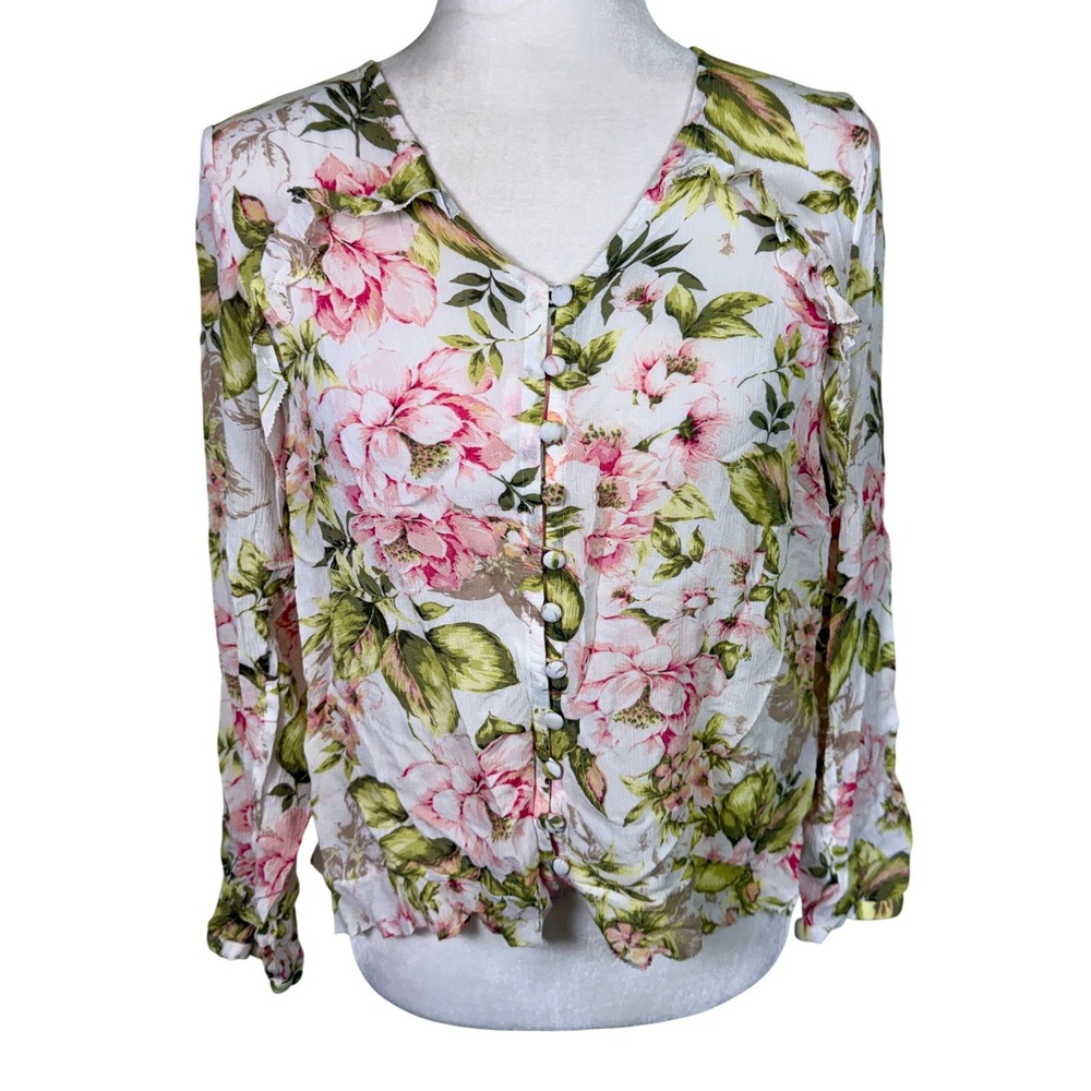 J. Jill Floral Ruffle Button Down Blouse Pink Green Rayon Petite Small‎